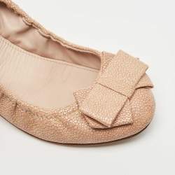 Miu Miu Beige Texture Leather Scrunch Bow Ballet Flats Size 39.5