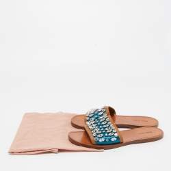 مملوكة مسبقًا Miu Miu Blue/Brown Satin and Leather Crystal Embellished Flat Slides Size 37.5