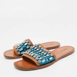 مملوكة مسبقًا Miu Miu Blue/Brown Satin and Leather Crystal Embellished Flat Slides Size 37.5