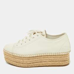 Pre Owned Miu Miu Off White Leather Espadrille Platform Sneakers Size 36