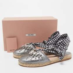 Pre Owned Miu Miu Metallic Grey Leather Crystal Embellished Espadrille Ankle Strap Flat Sandals Size 40