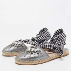 Pre Owned Miu Miu Metallic Grey Leather Crystal Embellished Espadrille Ankle Strap Flat Sandals Size 40