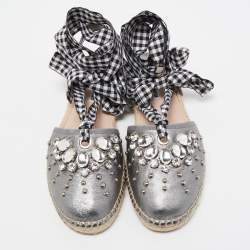 Pre Owned Miu Miu Metallic Grey Leather Crystal Embellished Espadrille Ankle Strap Flat Sandals Size 40