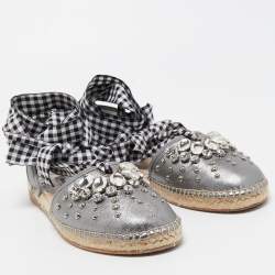 Pre Owned Miu Miu Metallic Grey Leather Crystal Embellished Espadrille Ankle Strap Flat Sandals Size 40