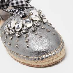 Pre Owned Miu Miu Metallic Grey Leather Crystal Embellished Espadrille Ankle Strap Flat Sandals Size 40