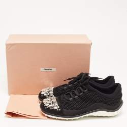 Miu Miu Black Satin and Mesh Crystal Embellished Lace Up Sneakers Size 40