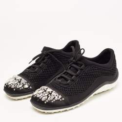 Miu Miu Black Satin and Mesh Crystal Embellished Lace Up Sneakers Size 40