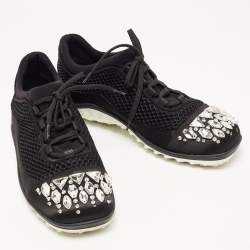 Miu Miu Black Satin and Mesh Crystal Embellished Lace Up Sneakers Size 40