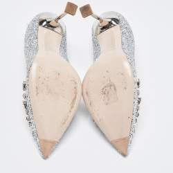 Miu Miu Silver Studded Glitter Crystal Embellished Pointed-Toe Pumps Size 38