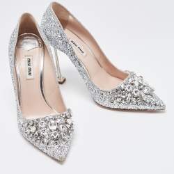 Miu Miu Silver Studded Glitter Crystal Embellished Pointed-Toe Pumps Size 38