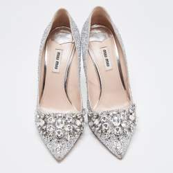 Miu Miu Silver Studded Glitter Crystal Embellished Pointed-Toe Pumps Size 38