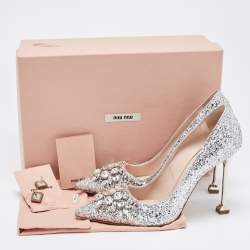 Miu Miu Silver Studded Glitter Crystal Embellished Pointed-Toe Pumps Size 38