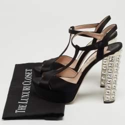 Miu Miu Black Satin Crystal Embellished Platform Ankle Strap Sandals Size 38.5