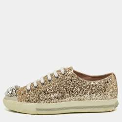 Miu Miu Gold Coarse Glitter Crystal Embellished Metal Cap Toe Sneakers Size 36.5 