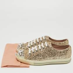 Miu Miu Gold Coarse Glitter Crystal Embellished Metal Cap Toe Sneakers Size 36.5 