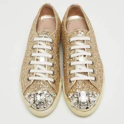 Miu Miu Gold Coarse Glitter Crystal Embellished Metal Cap Toe Sneakers Size 36.5 