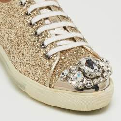Miu Miu Gold Coarse Glitter Crystal Embellished Metal Cap Toe Sneakers Size 36.5 