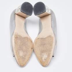 Miu Miu Silver Leather Crystal Block Heel Open Toe Pumps Size 38
