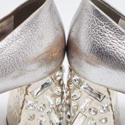Miu Miu Silver Leather Crystal Block Heel Open Toe Pumps Size 38