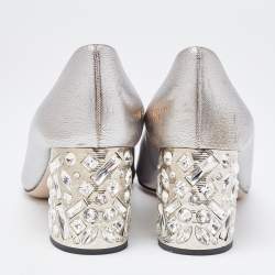 Miu Miu Silver Leather Crystal Block Heel Open Toe Pumps Size 38