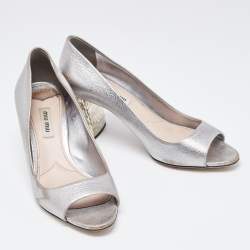 Miu Miu Silver Leather Crystal Block Heel Open Toe Pumps Size 38