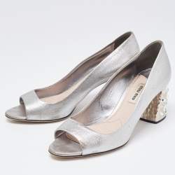 Miu Miu Silver Leather Crystal Block Heel Open Toe Pumps Size 38