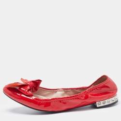 Miu Miu Red Patent Leather Crystal Embellished Bow Scrunch Ballet Flats Size 38