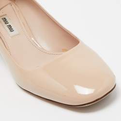 Miu Miu Beige Patent Leather Jeweled Block Heel Pumps Size 37