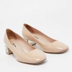Miu Miu Beige Patent Leather Jeweled Block Heel Pumps Size 37
