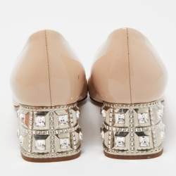 Miu Miu Beige Patent Leather Jeweled Block Heel Pumps Size 37
