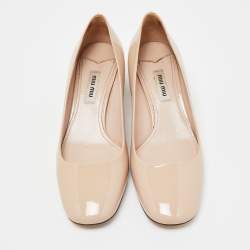 Miu Miu Beige Patent Leather Jeweled Block Heel Pumps Size 37
