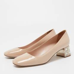 Miu Miu Beige Patent Leather Jeweled Block Heel Pumps Size 37
