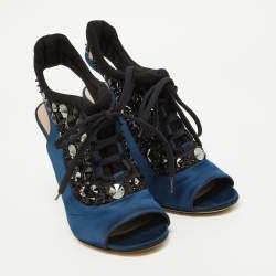 Miu Miu Navy Blue/Black Satin and Fabric Embellished Cutout Booties Size 39