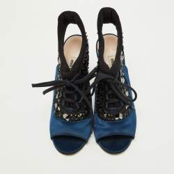 Miu Miu Navy Blue/Black Satin and Fabric Embellished Cutout Booties Size 39