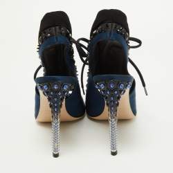 Miu Miu Navy Blue/Black Satin and Fabric Embellished Cutout Booties Size 39
