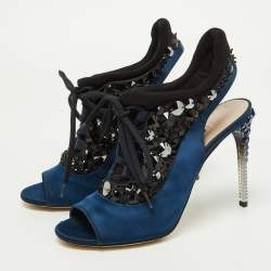 Miu Miu Navy Blue/Black Satin and Fabric Embellished Cutout Booties Size 39