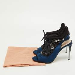 Miu Miu Navy Blue/Black Satin and Fabric Embellished Cutout Booties Size 39