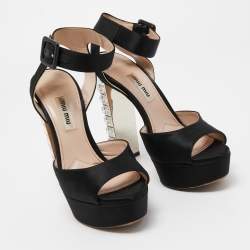 Miu Miu Black Satin Crystal Embellished Platform Ankle Strap Sandals Size 36.5