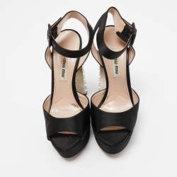 Miu Miu Black Satin Crystal Embellished Platform Ankle Strap Sandals Size 36.5