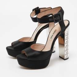 Miu Miu Black Satin Crystal Embellished Platform Ankle Strap Sandals Size 36.5