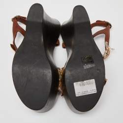Pre Owned Miu Miu Brown Leather and Embroidered Fabric Wedge Platform Ankle Strap Sandals Size 37