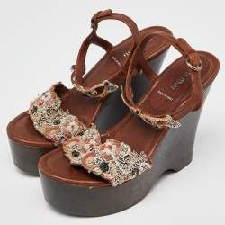 Pre Owned Miu Miu Brown Leather and Embroidered Fabric Wedge Platform Ankle Strap Sandals Size 37