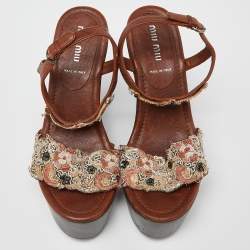 Pre Owned Miu Miu Brown Leather and Embroidered Fabric Wedge Platform Ankle Strap Sandals Size 37