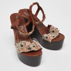 Pre Owned Miu Miu Brown Leather and Embroidered Fabric Wedge Platform Ankle Strap Sandals Size 37