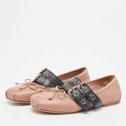 Miu Miu Dusty Pink and Black Leather Buckle Detail Bow Ballet Flats Size 36