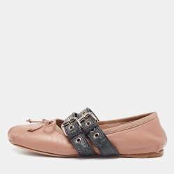 Miu Miu Dusty Pink and Black Leather Buckle Detail Bow Ballet Flats Size 36
