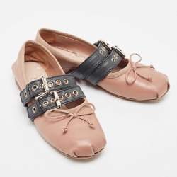 Miu Miu Dusty Pink and Black Leather Buckle Detail Bow Ballet Flats Size 36