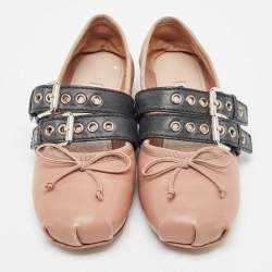 Miu Miu Dusty Pink and Black Leather Buckle Detail Bow Ballet Flats Size 36