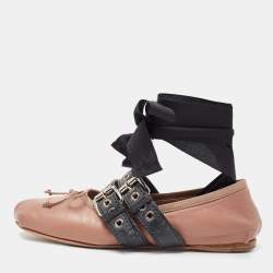 Miu Miu Dusty Pink and Black Leather Buckle Detail Bow Ballet Flats Size 36