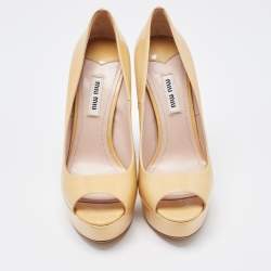 Miu Miu Beige Patent Leather Peep Toe Platform Pumps Size 36